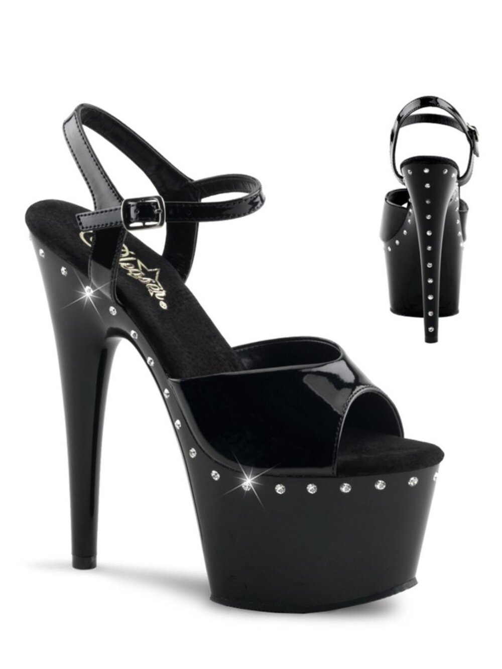 Pleaser Adore 709LS Black Heels with Rhinestones